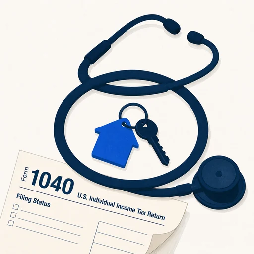 The W-2 Doctor — illustration of a stethoscope coiled around a house keychain on a 1040 tax form