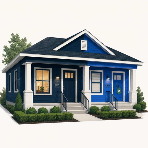 The House-Hacker — illustration of a duplex with one owner-occupied side and one rental side