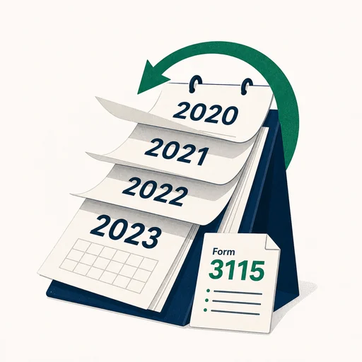 The Lookback Investor — illustration of past calendar years with a recovery arrow and a Form 3115 document